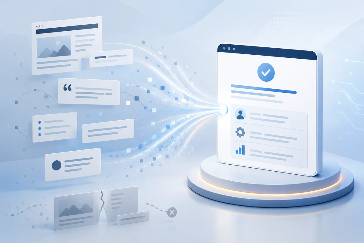 Abstract article cards flowing into an approved answer-ready page with a checkmark.