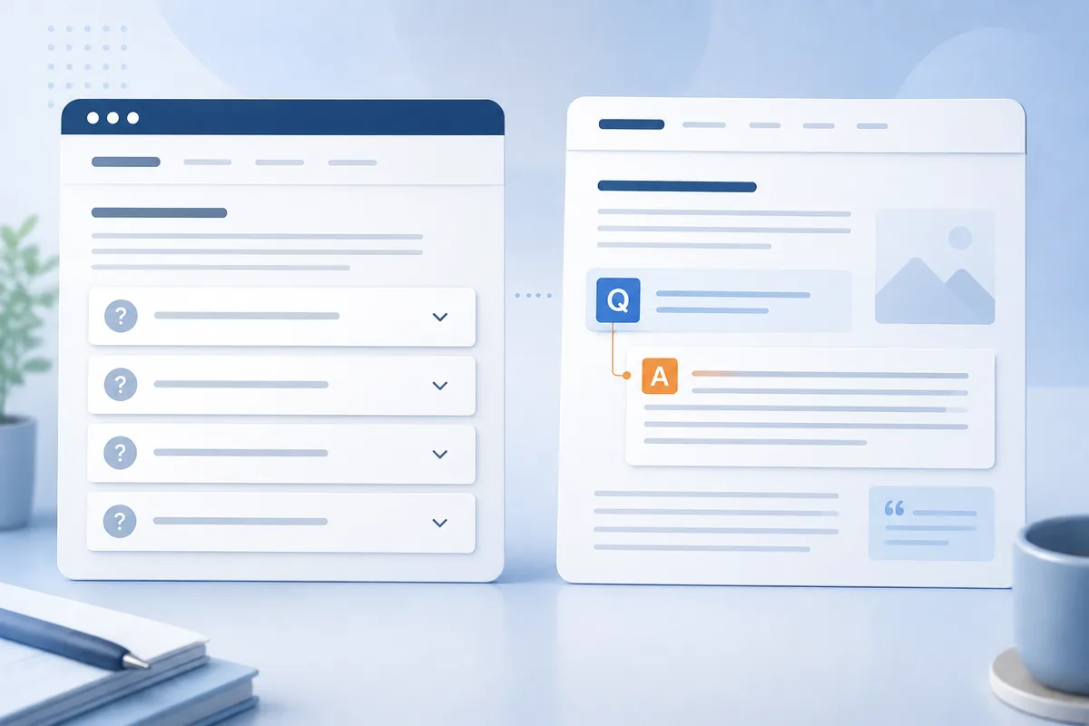 FAQ-style question list beside a structured question-and-answer content card.