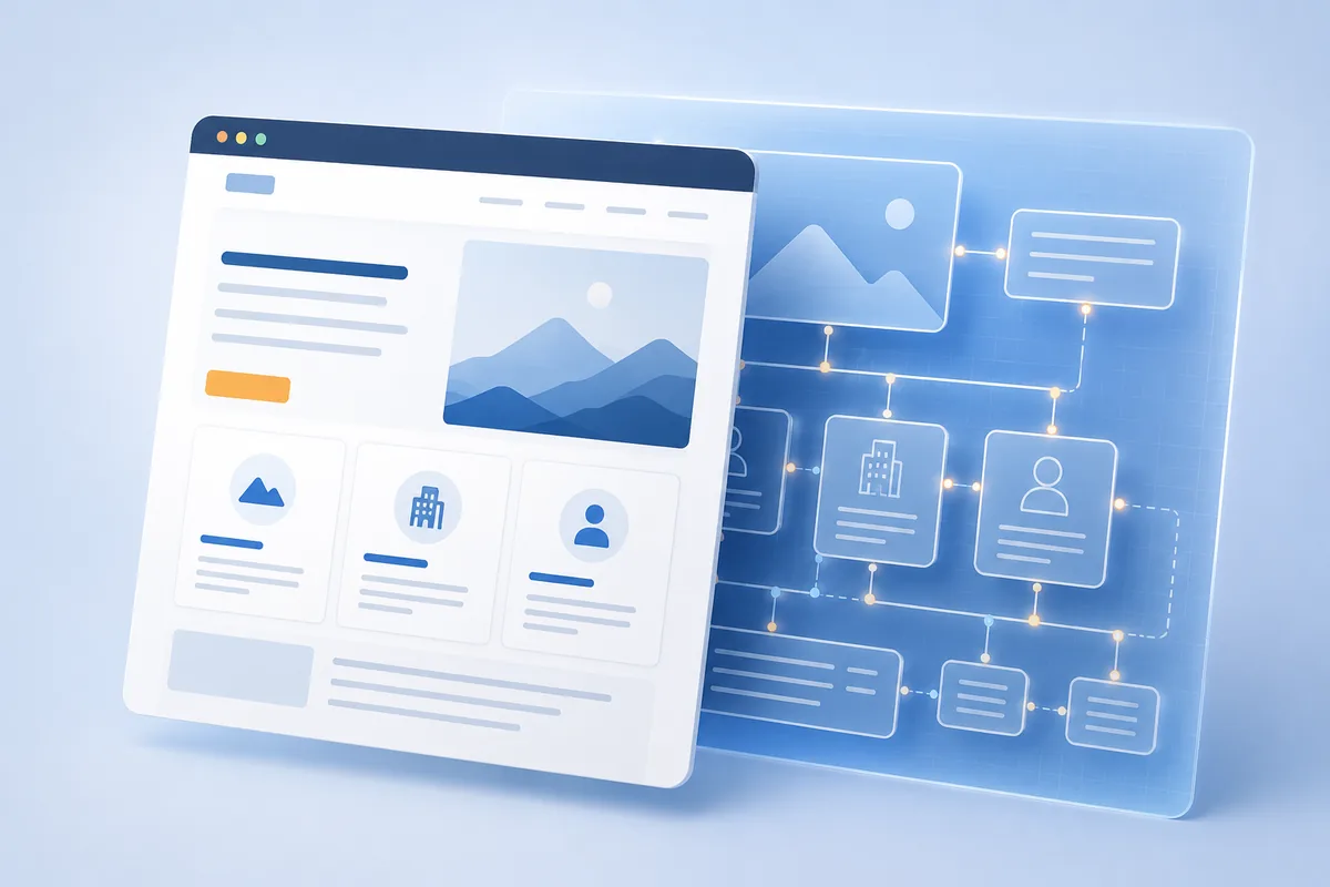Website content panel beside a structured schema blueprint with connected data fields.