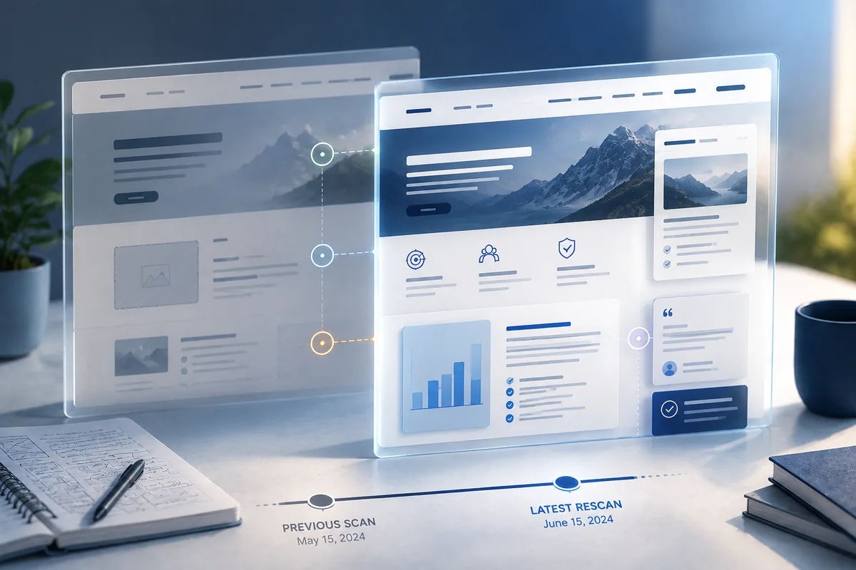 Two translucent website panels showing a previous scan and latest rescan connected by change markers and a timeline.